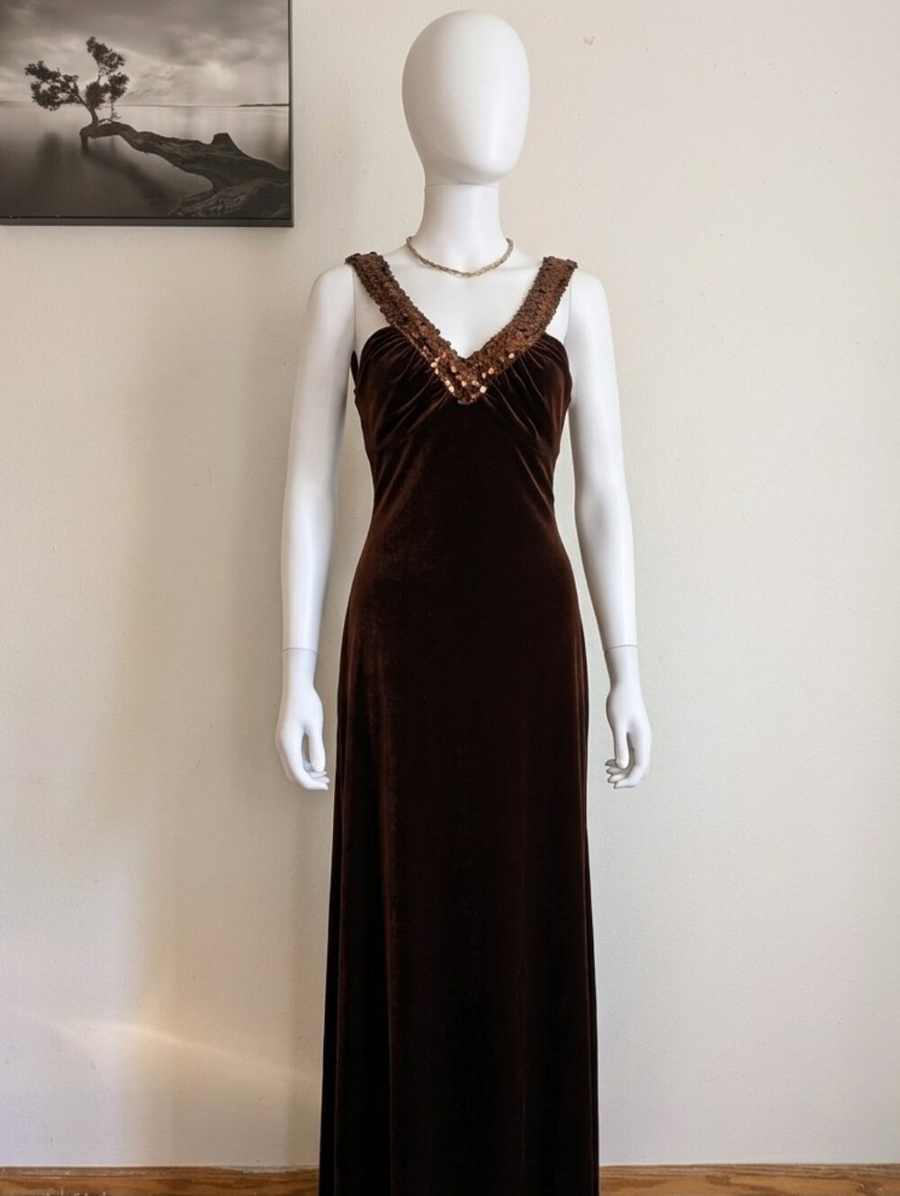 ​Vintage 90s Brown Velvet Sequin Gown by Cam Cam Niki Livas Size 5